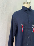 Goouch Navy Linen Button Down with Embroidered Faces NWT | Large