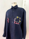 Goouch Navy Linen Button Down with Embroidered Faces NWT | Large