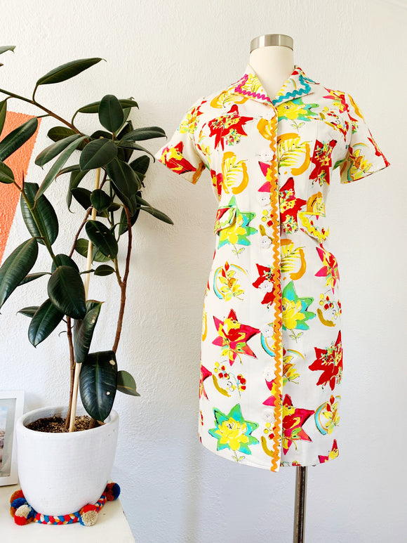 Emmanuel Ungaro Floral Print Shirtdress with Rickrack Trim | XS
