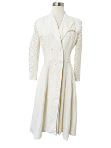 Off White Linen Dress with Lace Sleeves | Medium
