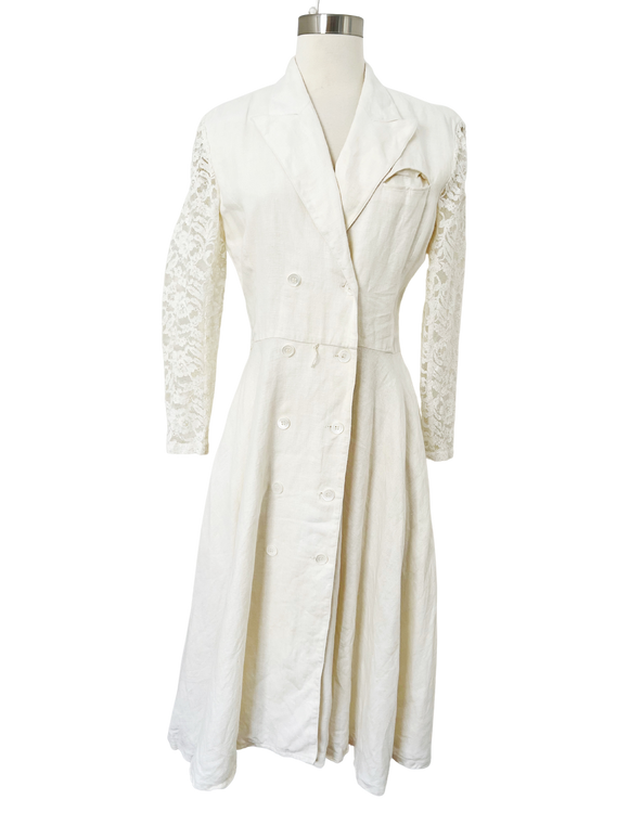 Off White Linen Dress with Lace Sleeves | Medium