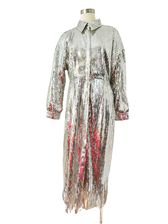 *Not Vintage* Silver Sequin Fringed Dress Coat NWT | Large