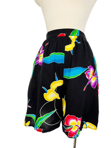 Black Tropical Print Rayon Shorts | Medium