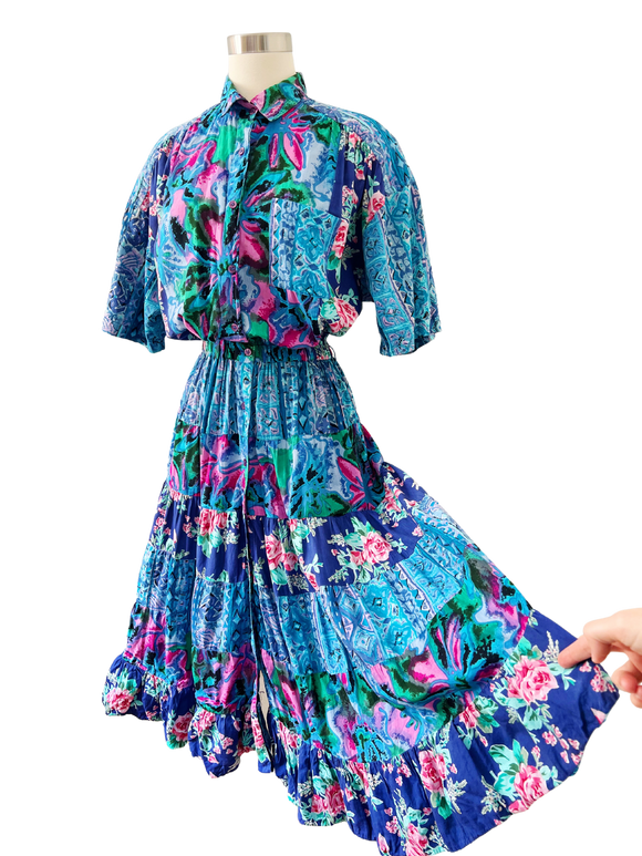 Together! Floral and Paisley Print Cotton Shirt Dress | Large