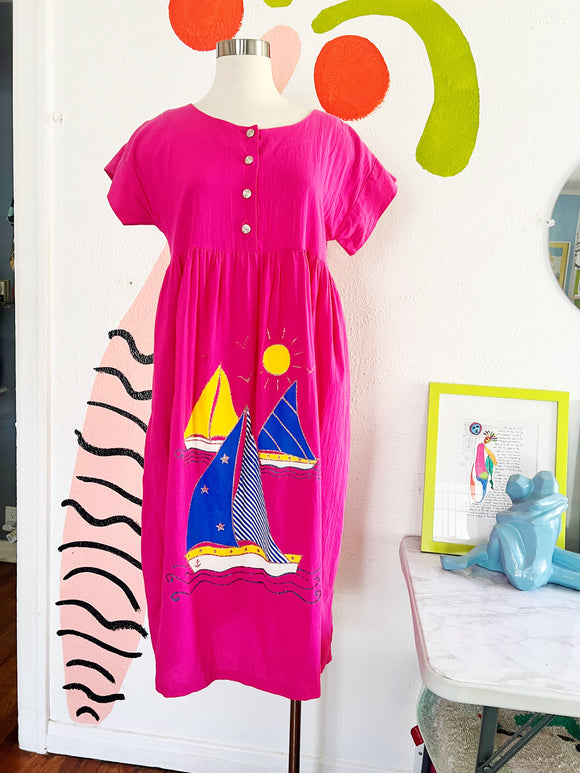 Pink Cotton Sailboat Applique Dress | Large