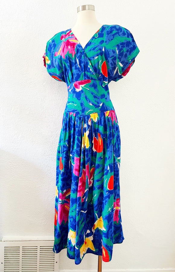 Painted Floral Print Rayon Dress | Medium