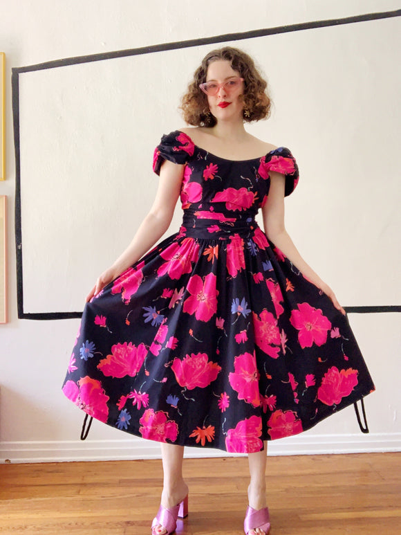 Laura Ashley Black + Magenta Floral Print Dress | Small