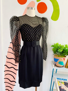 Black and Metallic Gold Polka Dot Belted Party Dress | XS