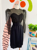 Black and Metallic Gold Polka Dot Belted Party Dress | XS