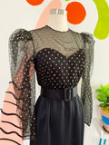 Black and Metallic Gold Polka Dot Belted Party Dress | XS