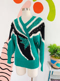 Emerald Green Color Blocked V-Neck Sweater