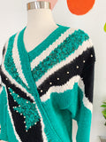 Emerald Green Color Blocked V-Neck Sweater