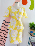 Escada Yellow and White Floral Print Skirt Suit | Medium