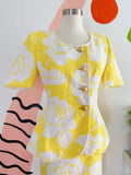 Escada Yellow and White Floral Print Skirt Suit | Medium