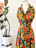 Forest Green Tropical Print Sleeveless Dress with Criss-Cross Back | Medium