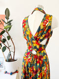 Forest Green Tropical Print Sleeveless Dress with Criss-Cross Back | Medium