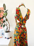 Forest Green Tropical Print Sleeveless Dress with Criss-Cross Back | Medium