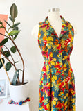 Forest Green Tropical Print Sleeveless Dress with Criss-Cross Back | Medium