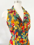 Forest Green Tropical Print Sleeveless Dress with Criss-Cross Back | Medium