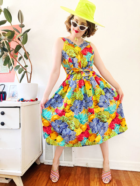 Vibrant Tropical Print Cotton Sundress with Tie Waist | Large