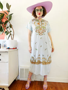 Light Blue Bird Print Caftan | Large