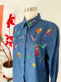 Festive Embroidered Holiday Denim Button Down | Large
