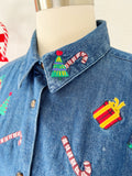 Festive Embroidered Holiday Denim Button Down | Large
