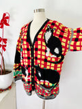 Hand Knit Tuxedo Cat and Alphabet Cardigan Sweater L|XL