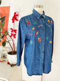 Festive Embroidered Holiday Denim Button Down | Large