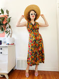 Forest Green Tropical Print Sleeveless Dress with Criss-Cross Back | Medium