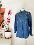 Festive Embroidered Holiday Denim Button Down | Large