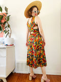 Forest Green Tropical Print Sleeveless Dress with Criss-Cross Back | Medium
