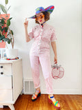 Ideas Pink and White Striped Jumpsuit M|L