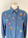 Festive Embroidered Holiday Denim Button Down | Large