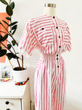 Ideas Pink and White Striped Jumpsuit M|L
