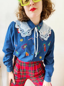 Festive Embroidered Holiday Denim Button Down | Large
